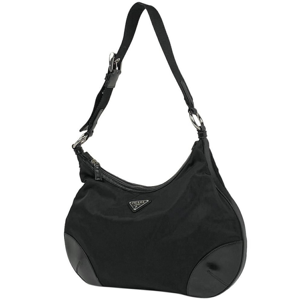 Prada Logo Plate Shoulder Bag Hobo Nero Black